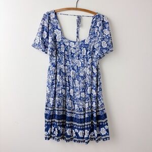 Aakaa Floral Mini Dress Medium Blue Cottage Coquette Boho Romantic Feminine